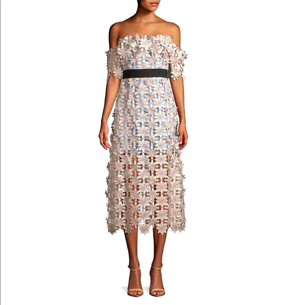 Self-Portrait 3D Floral Lace Off Shoulder Midi
